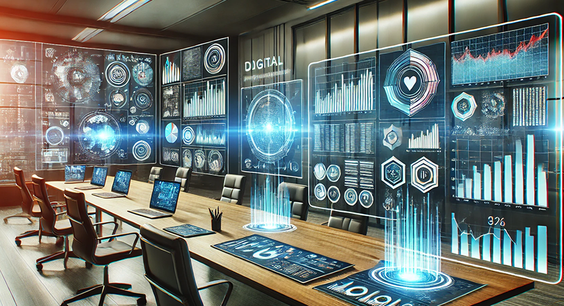 Modern digital office showcasing AI services, AI automation, AI integration, web development company, UI UX design services, SaaS platform development, cloud and DevOps services, immersive tech services.