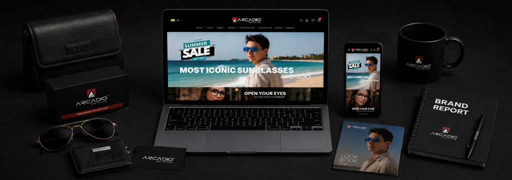 Laptop displaying e-commerce development website, showcasing UI UX design services, AI automation, web development company expertise, mobile app development, SaaS platform development, SEO and growth services.