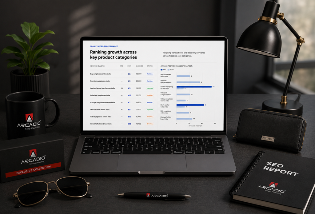 Modern workspace with laptop displaying AI services, AI automation, web development company analytics, mobile app development, SaaS platform development, e-commerce development, and UI UX design services dashboard.